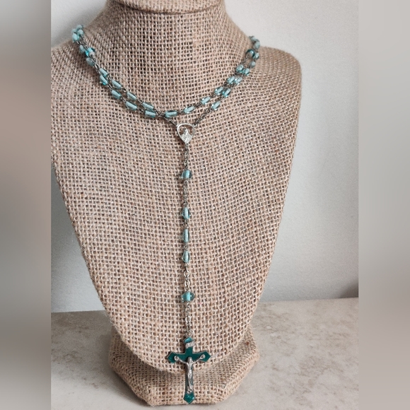 Vintage Blue Glass Rosary Enamel Crucifix INRI - Picture 11 of 13